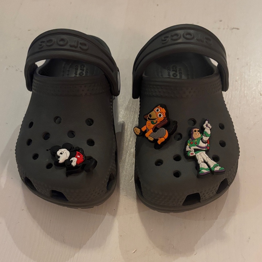 CROCS Kids Gray Classic Clogs with Cartoon Characters
